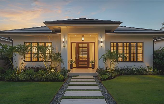 copy of leph blog posts featured images beautifully maintained modern home exterior at golden hour, with clean lines, freshly painted walls, manicured garden, and inviting pathway — editorial real estate photography style for house in the philippines