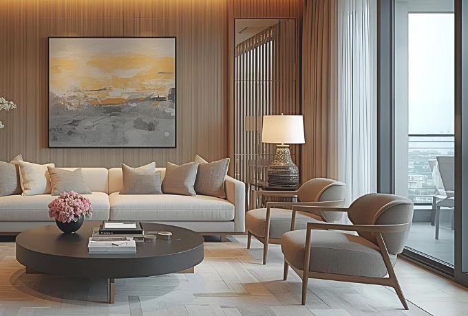 copy of leph blog posts featured images beautifully staged luxury condo interior with warm ambient lighting, fresh flowers, stylish neutral furniture, clean lines, soft textures — editorial interior design photo