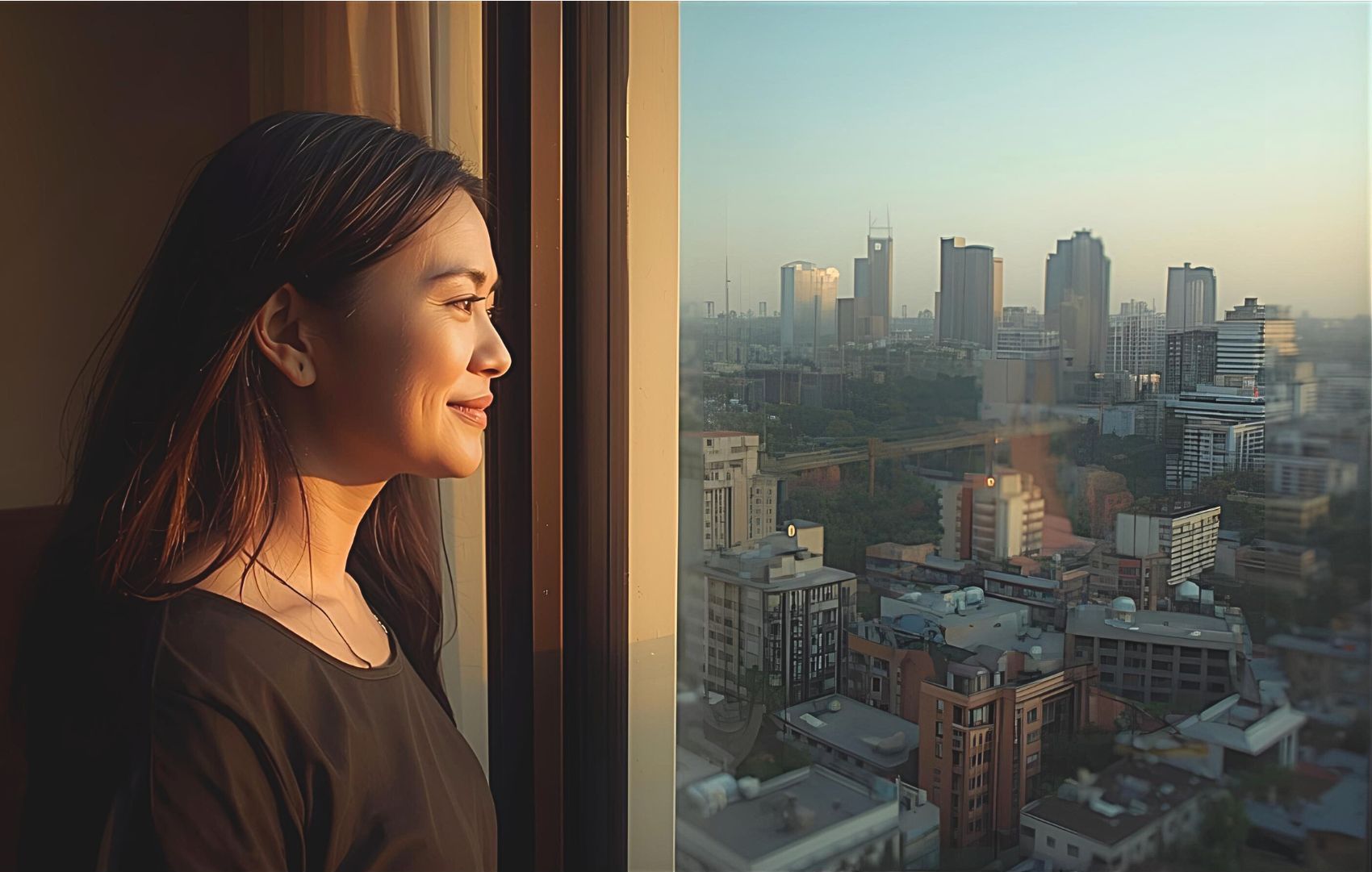 copy of leph blog posts featured images exterior drone shot of a condo unit, with a person standing on a kitchen window in the morning, overlooking makati city, with calm contentment facial expression, face is side angle.jpg