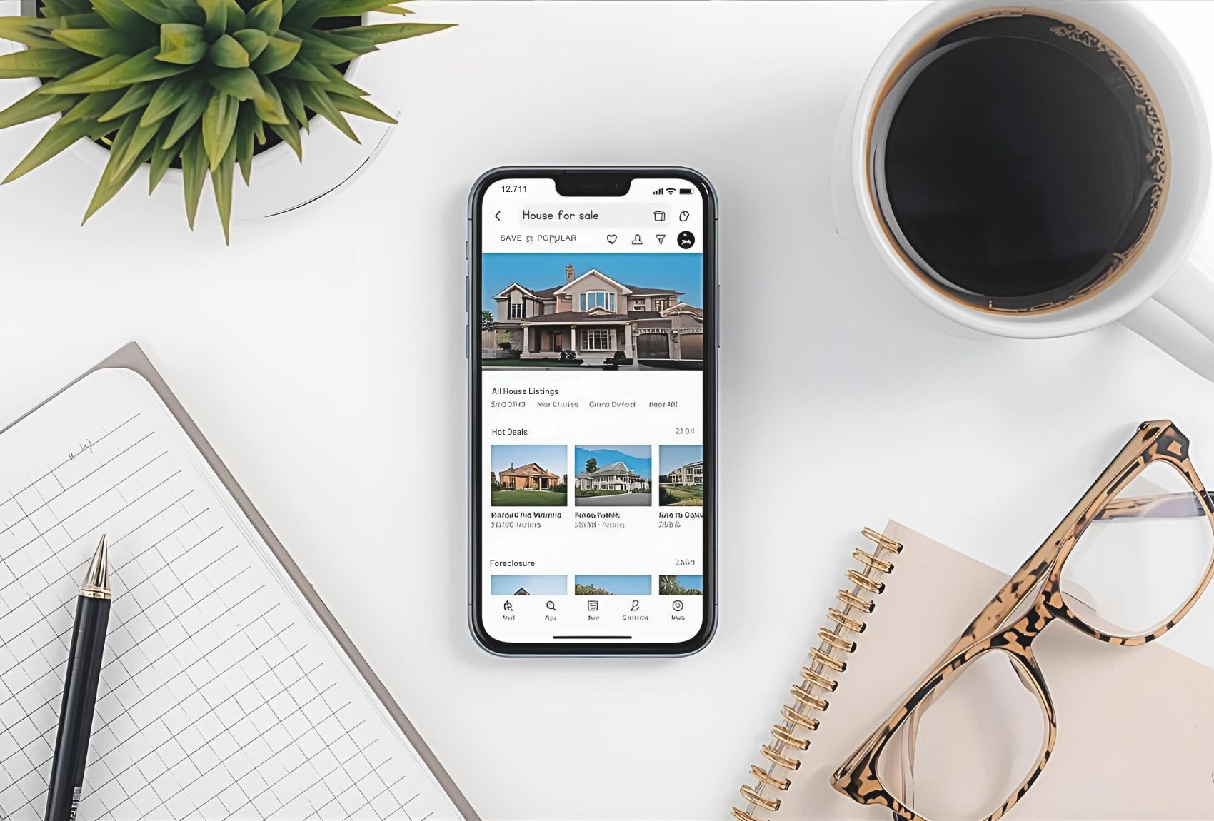 copy of leph blog posts featured images flat lay of smartphone with open real estate listings on screen beside coffee, notebook, and glasses — aesthetic lifestyle vibe