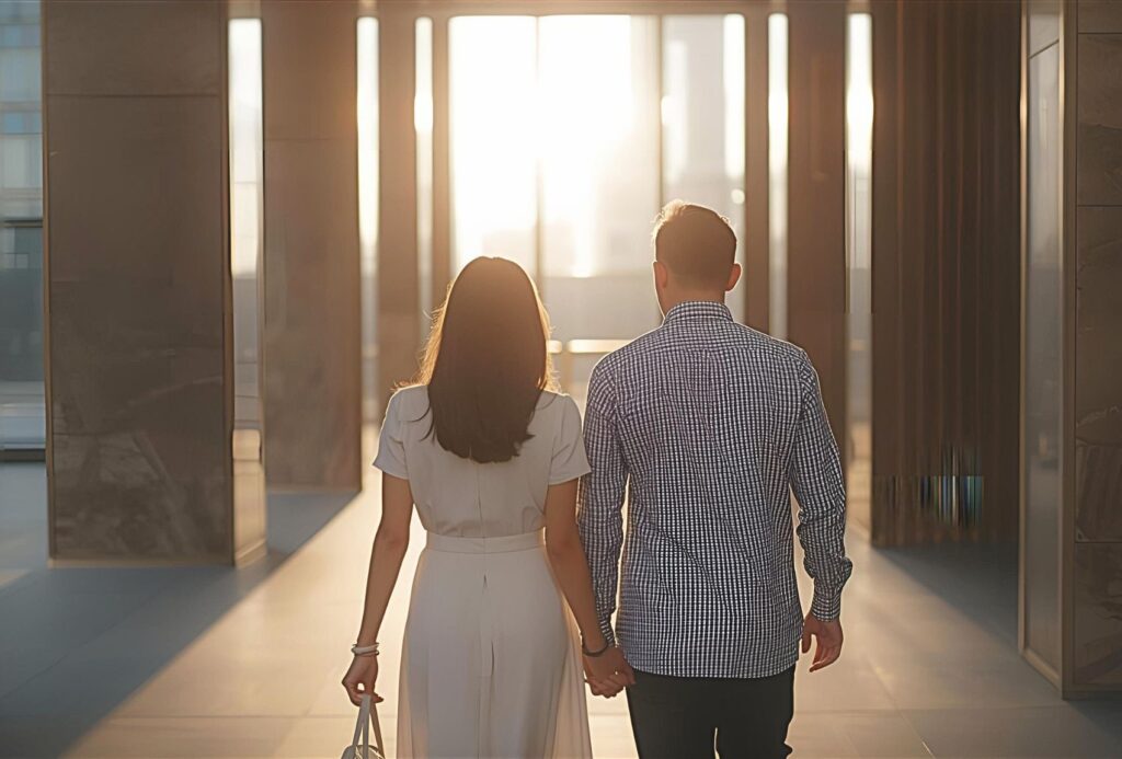 copy of leph blog posts featured images back photo of sweet middle aged asian couple walking into a sunlit condo lobby in manila after a dinner date casual, aspirational, soft neutral tones, modern city backdrop. taken from the street angle
