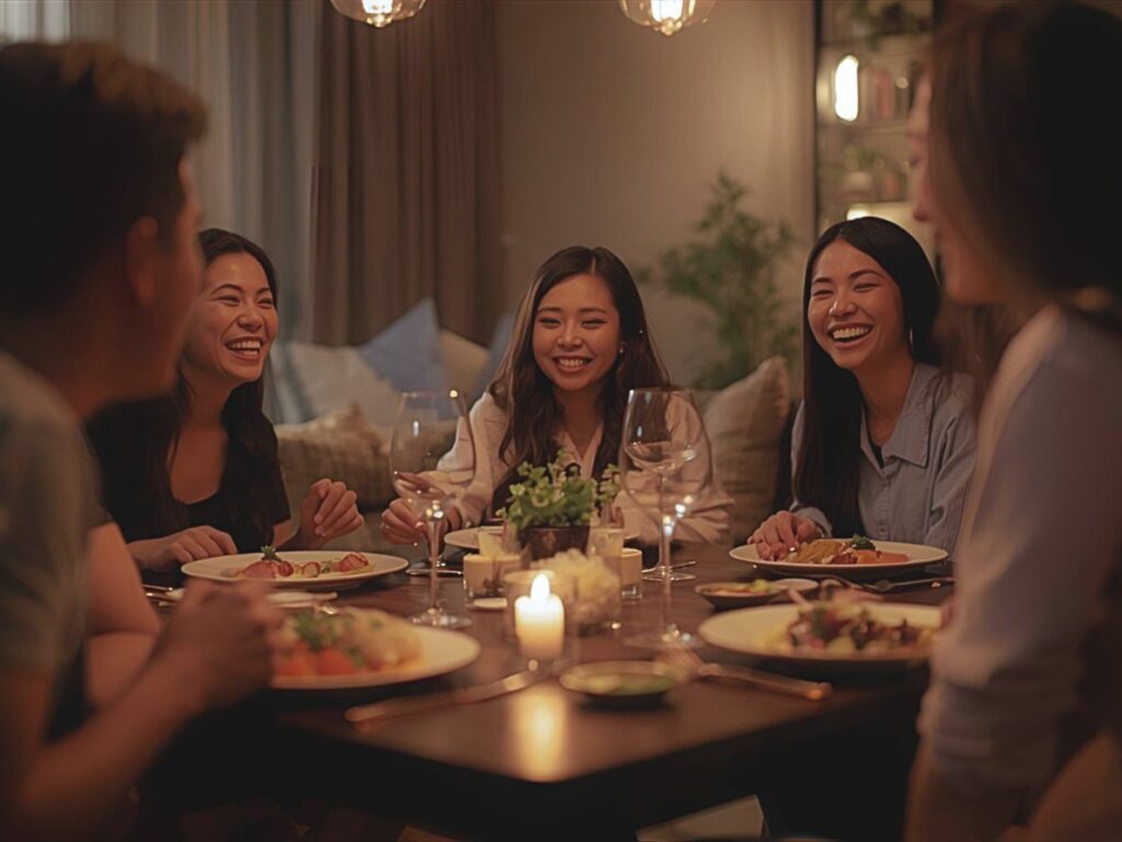 living room setup with dinner party for friends