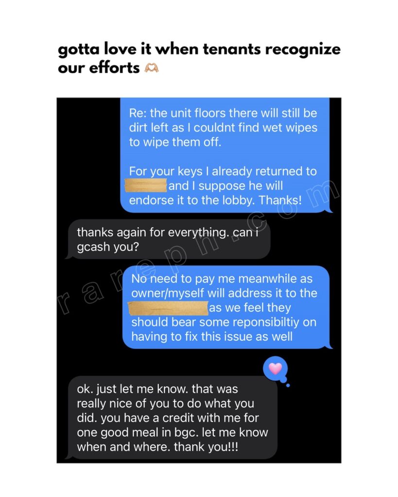 text exchange between bgc tenant and rare properties ph for fixing unit issues