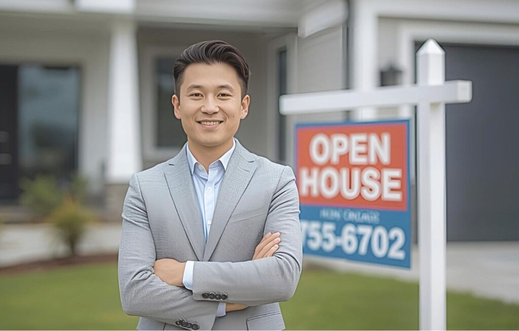 copy of leph blog posts featured images a portrait of an asian looking real estate agent hosting an open house posing in front of a modern property with a yard sign