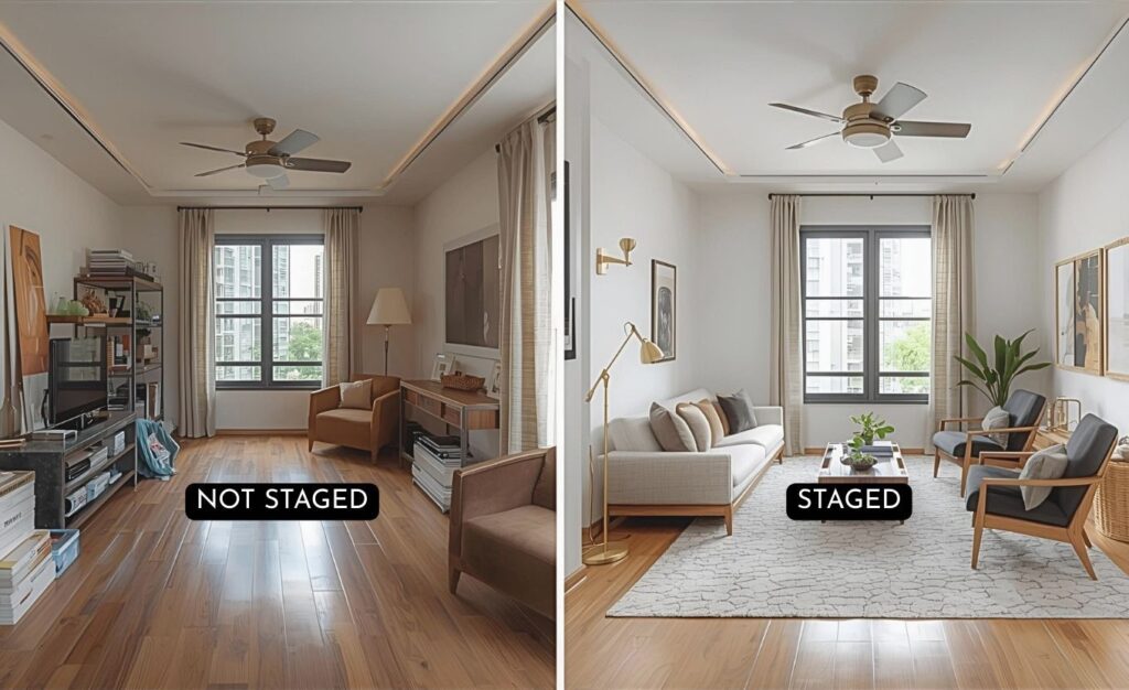 copy of rareph leph blog posts featured images picture depicting a before (cluttered and almost empty) and after (light and bright) of home staging of a modern high end home in manila philippines