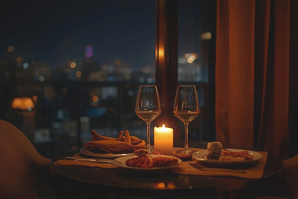 copy of rareph leph blog posts featured images modern manila condo interior at night, warm ambient lighting, candle on a dining table, wine glasses for two, charcuterie, intimate and cozy atmosphere, minimalist aesthetic, cinematic lighting, soft focus