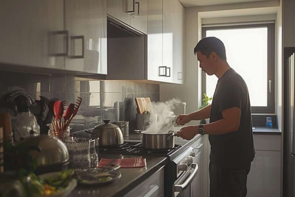 copy of rareph leph blog posts featured images bright modern filipino kitchen in luxury condo, stainless steel appliances, someone cooking traditional filipino food, steam rising from pot, warm homey atmosphere, natural window light, lifestyle photography