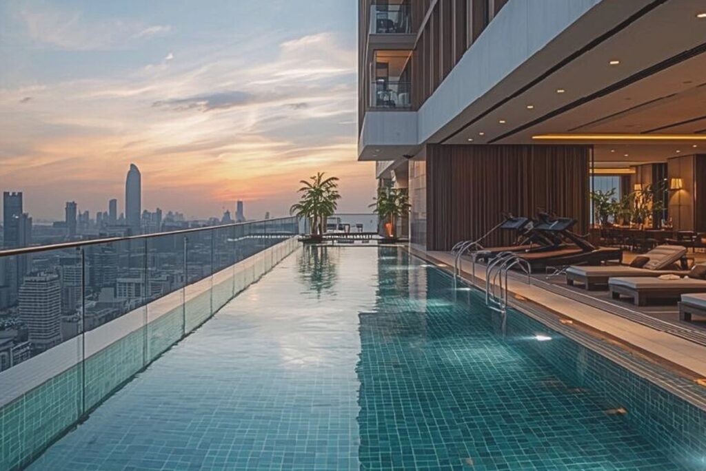 copy of rareph leph blog posts featured images luxury condominium amenities, infinity pool with manila skyline view, modern gym equipment, elegant lobby lounge area, sunset lighting, upscale residential lifestyle, professional architectural photography