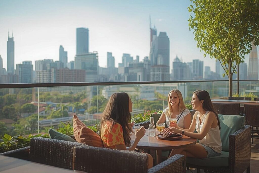 copy of rareph leph blog posts featured images manila skyline background, casual weekend atmosphere, friends enjoying condo amenities in ayala land property, natural lighting, lifestyle editorial photography