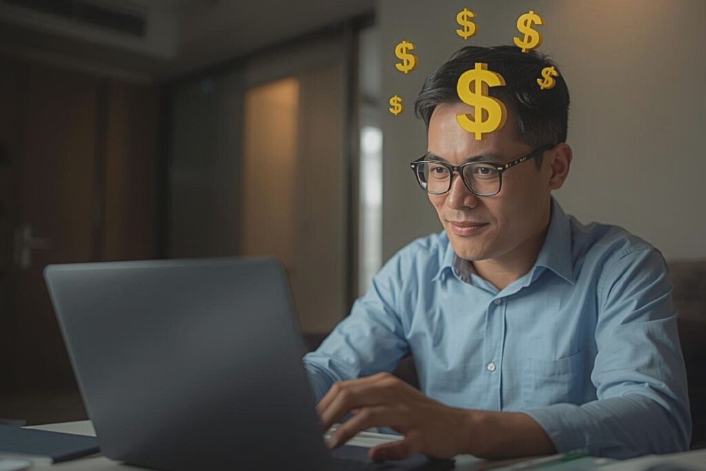 copy of rareph leph blog posts featured images filipino middle aged man doing inspection in his condo, property investment, accounting, making online payment of property tax, with peso signs thoughts in his head, personal finance, soft focus, saturated colors, far angle