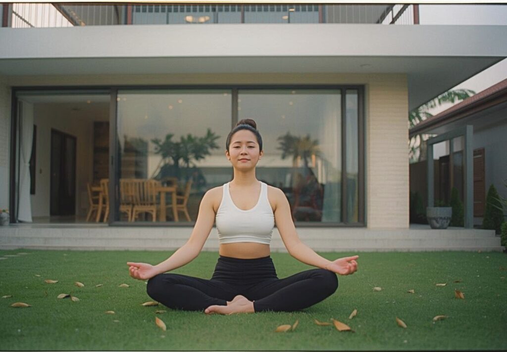 copy of rareph leph blog posts featured images close up of woman doing yoga sitting on the garden of a new modern house in nuvali sta. rosa laguna philippines, early morning, slide film, rangefinder