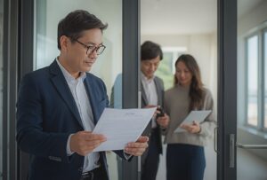 copy of rareph leph blog posts featured images rich filipino in his late 40s, looking at the contract while inspecting inside the condo with his japanese couple tenants, bright minimalist japandi interior, natural lighting — lifestyle editorial image showing landlordship