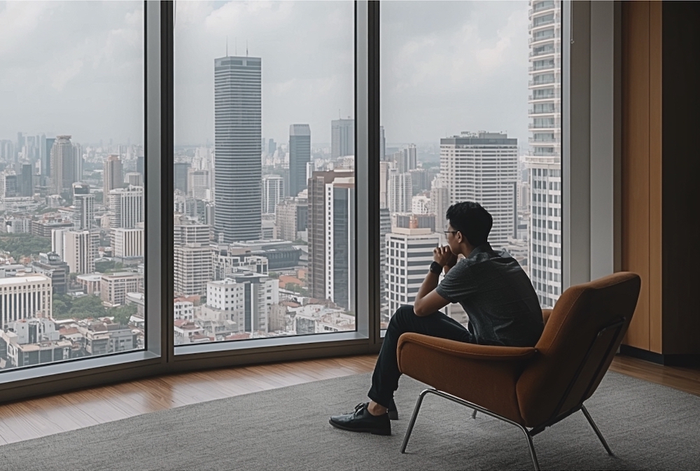 copy of rareph leph blog posts featured images thinking while overlooking the floor to ceiling windows overlooking a dense but elegant metro manila skyline, refined neutral interiors, natural afternoon light, clear and engaging